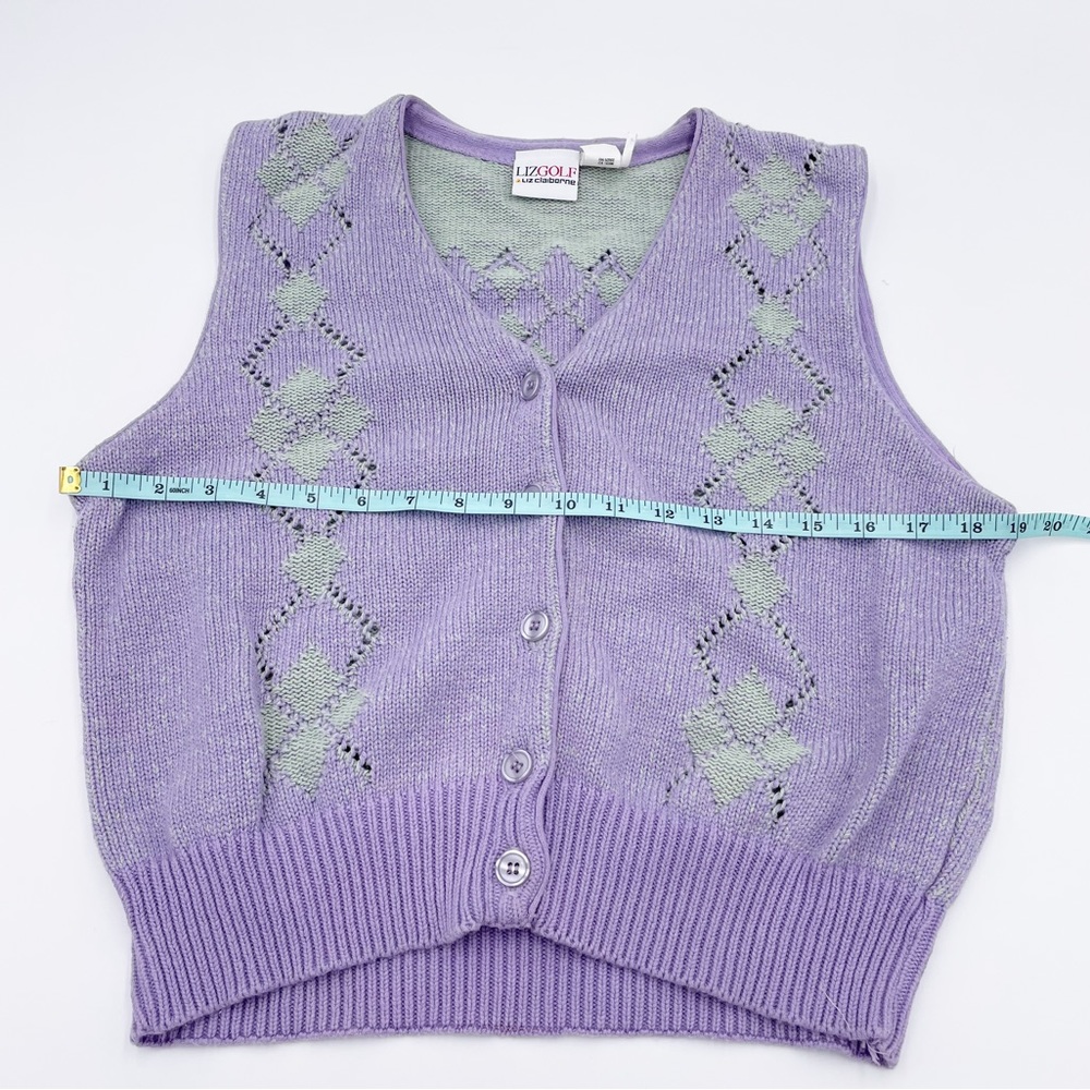 Vintage 90s Y2K Preppy Liz Golf Pastel Purple Green Argyle Knit Sweater Vest - Picture 7 of 8